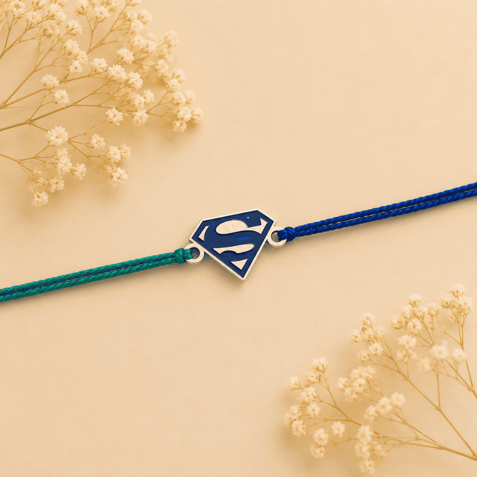 925silverrakhi- supermanrakhi - rakhi bracelet - swancreations - silver jewellery - marvel jewellery - jewellery for boys - super hero rakhi - raksha bandhan 925 SILVER SUPERMAN RAKHI - Image 1