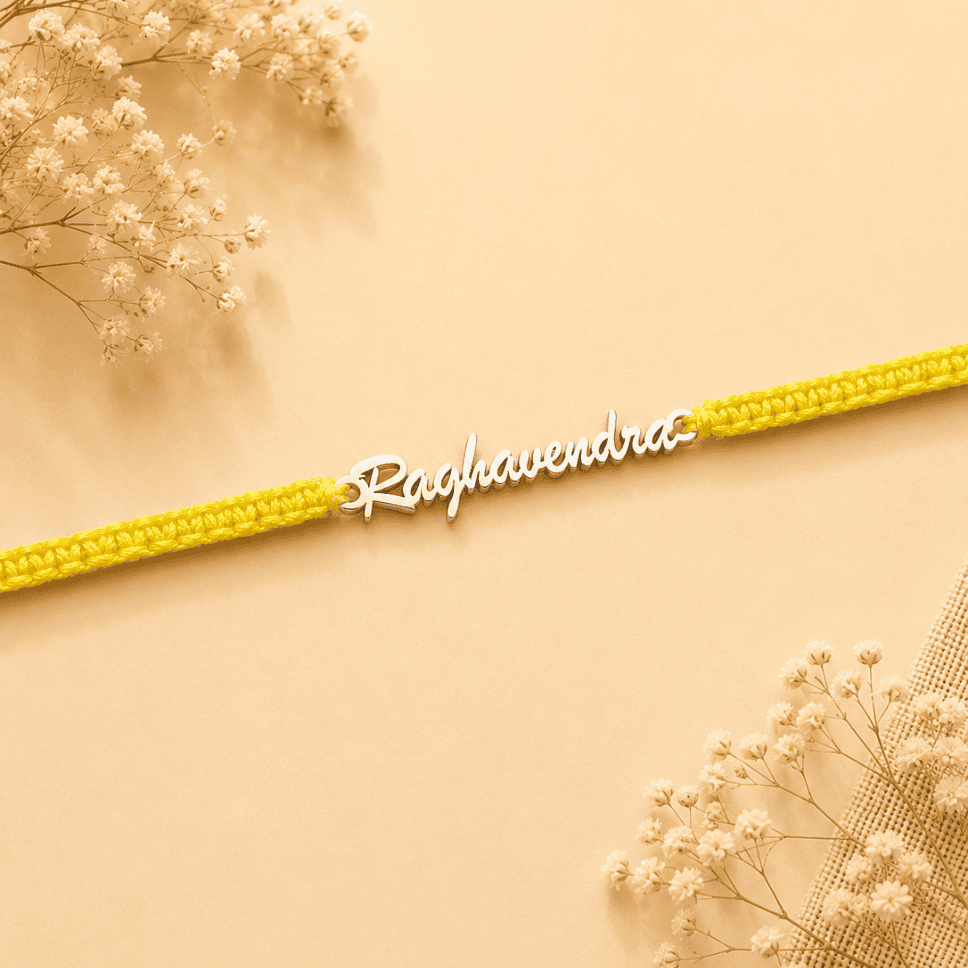 brush script customised name rakhi_925 silver rakhis_rakhis for raksha bandhan_rakhis_gifts_raksha bandhan_special rakhis_brother sister gifts 925 SILVER CURSIVE NAME RAKHI - Image 1