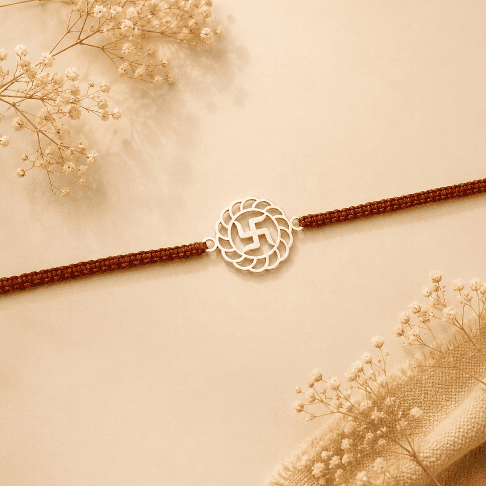 925 SILVER FLORAL SWASTIK RAKHI - Image 1